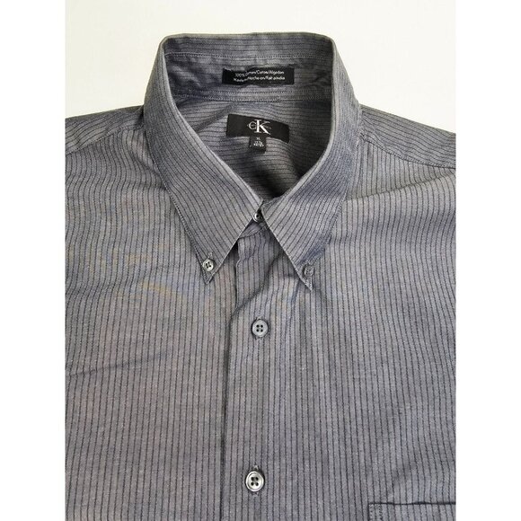 Calvin Klein Size XL 17.5 36-37 Mens Charcoal Gray Black Trim Stripe Button Down - Picture 1 of 9